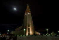 Hallsgrimkirkja and moon Reykjavik Iceland